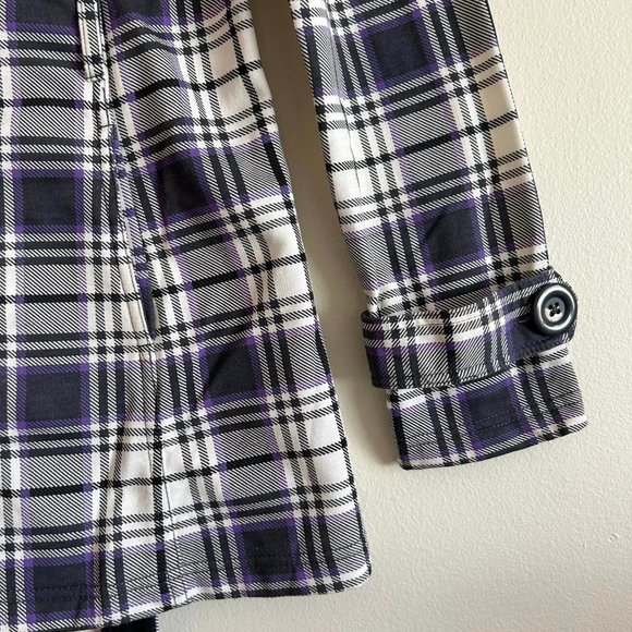 Size S Wet Seal Purple, Gray, and White Plaid belted and button up Women's Trenc - Picture 5 of 10